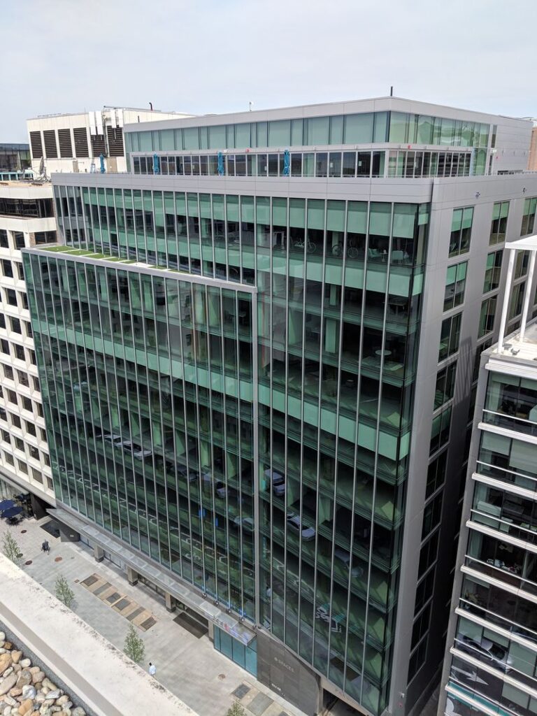 aerial view of the exterior of a commercial office building