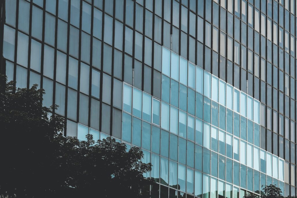 large commercial building with a facade made of windows